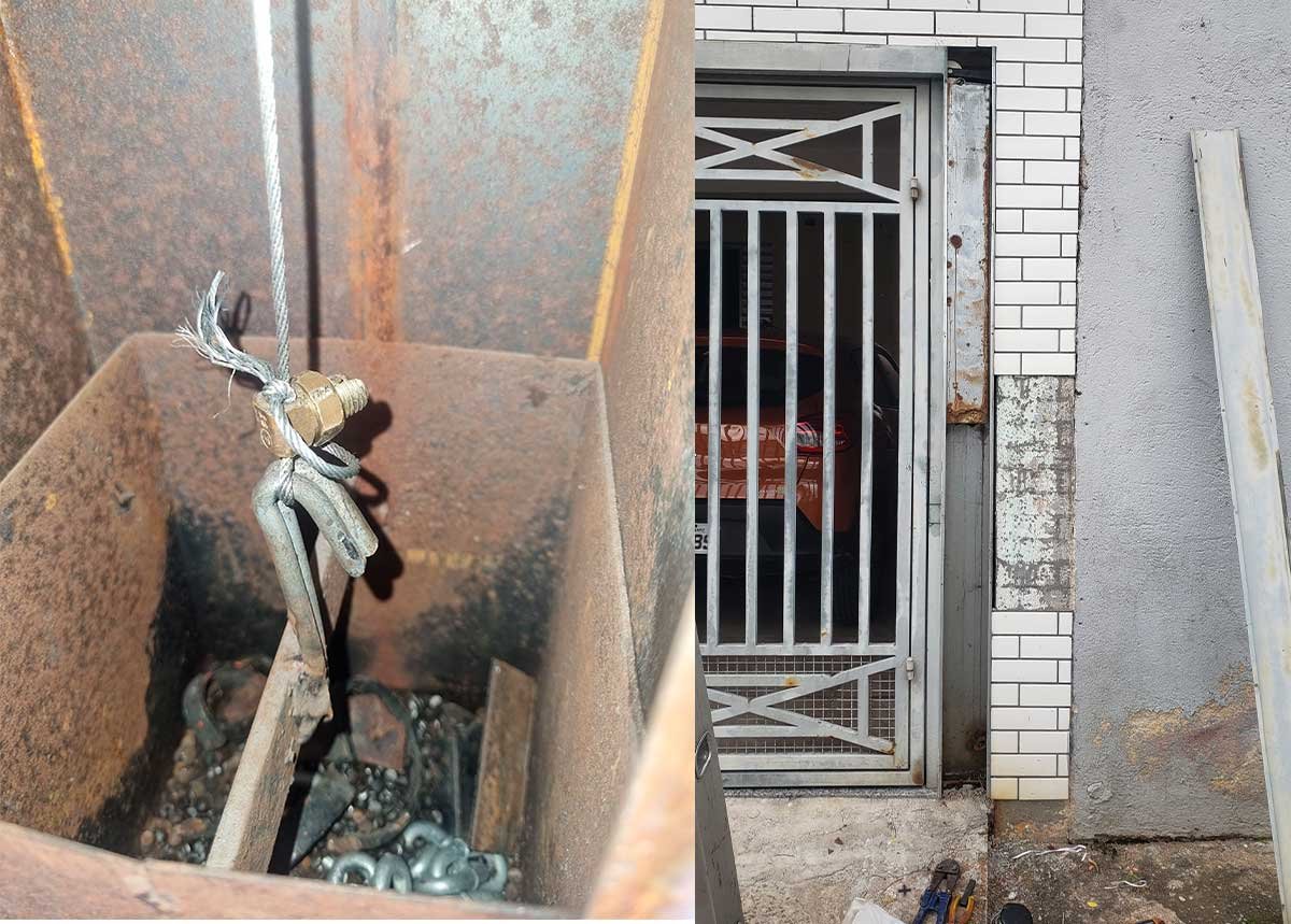 Amarração improvisada de cabo de aço de portão com presilhas de fiação elétrica — serviço inadequado e perigoso encontrado em Aricanduva SP