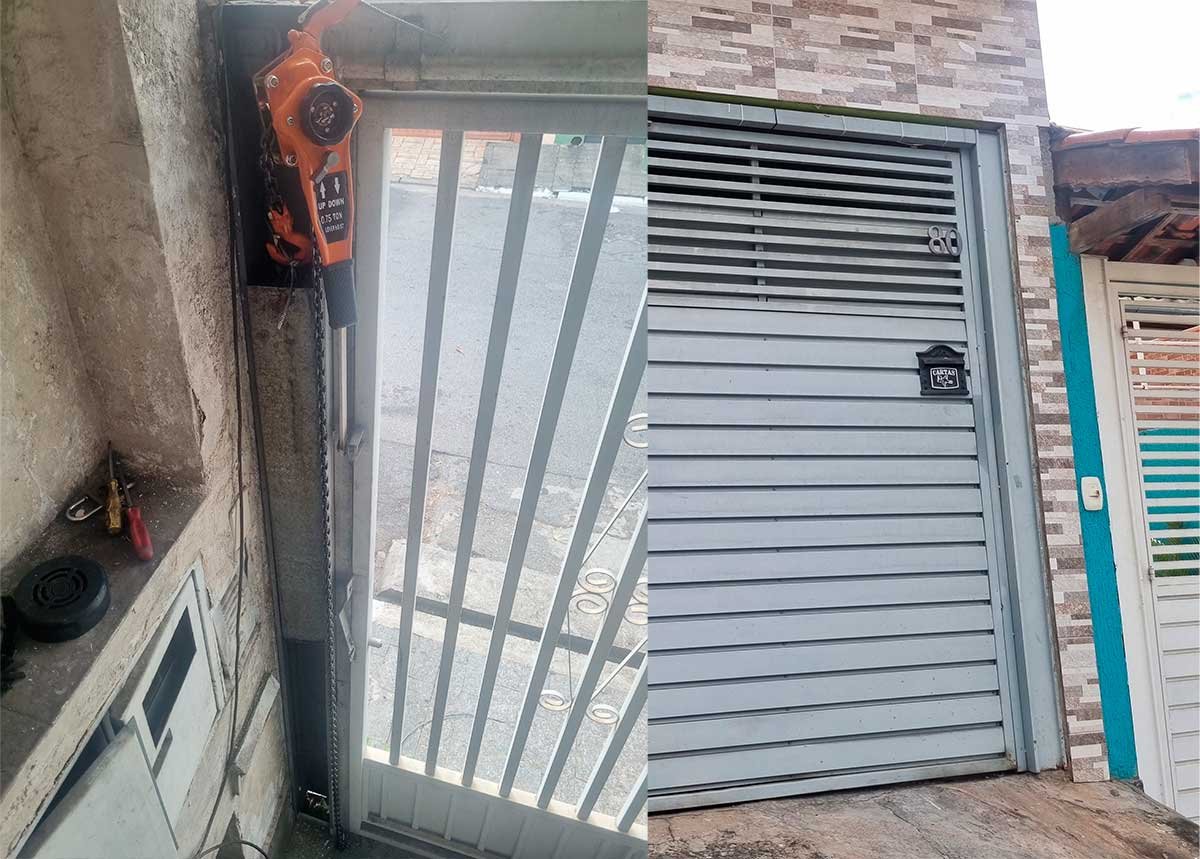 Talha içando a caixa de contrapeso de portão basculante durante manutenção em Aricanduva SP